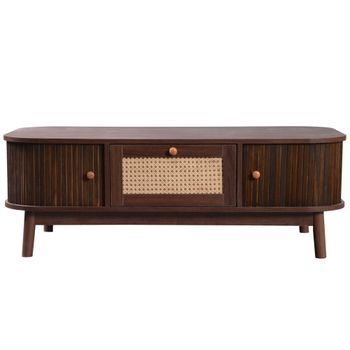 Mesa de centro vintage efecto nogal y ratán 1 cajón y 2 nichos