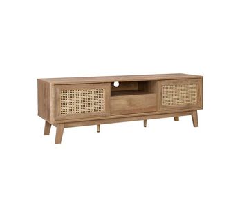 Mueble tv con puertas correderas, armario cerrado, estante efecto madera y caña 150cm