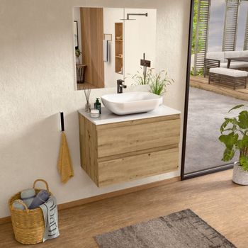 Mueble Baño Suspendido 100 Cm Roble/blanco, Lavabo Y Espejo Bellobath