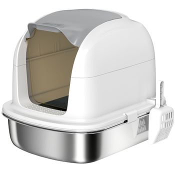 PawHut Arenero de acero inoxidable con tapa, caja de arena con bandeja, pala, para gato menor de 5 kg, 52,4 x 41,3 x 42 cm, Blanco   Aosom España