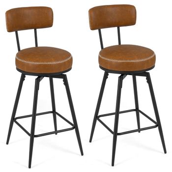 Costway Taburetes Bar Giratorios Modernos 2 Piezas Respaldo Acolchado Reposapiés Patas Metálicas Cuero Sintético Costuras Marrón