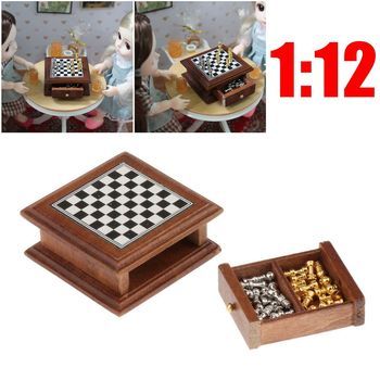 1:12 Scale Dollhouse Miniature Chess Set Board Chess Game Dollhouse Checkerboard Brown Handcrafted Chess Board Storage Box