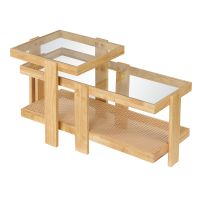 costway juego de mesas de centro nido de madera natural con ratan y vidrio templado con estante de almacenaje para salon 90  40  40 cm