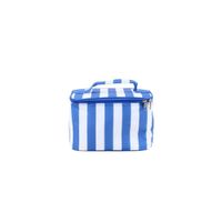 bolsa nevera de tela a rayas azules y blancas
