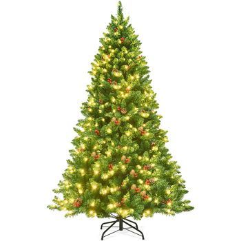 Árbol De Navidad Con Costway Luces Incorporadas 195cm, 56 Piñas Y 56 Frutos Rojos