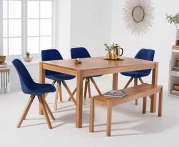 Oxford 150cm Solid Oak Dining Table with Oscar Velvet Chairs and Bench - Blue, 2 Chairs