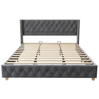 Cama Para Adultos Acolchada De Terciopelo 180x200cm Con Somier Gris