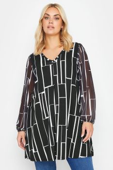 Yours Top Negro De Estampado Geométrico Con Mangas De Malla, Mujer Curvy Y Tallas Grandes, Yours