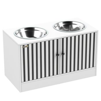 PawHut Comedero Perro Elevado con 2 Cuencos de Acero Inoxidable 2x2000 ml con Comedero Lento Almacenamiento Oculto Blanco   Aosom España