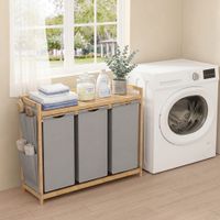 cesto para ropa sucia con 3 compartimentos de bambu gris