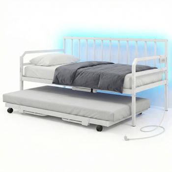 Costway Sofá Cama Individual con Luces LED Base Metálica y Cama Nido Extraíble Estación de Carga Incorporada Blanco