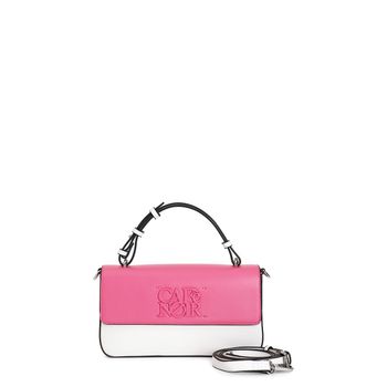 bolso de mano bicolor con logo a juego, bandolera extraíble y solapa hot pink