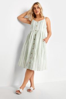 Yours Vestido Tirantes De Rayas Verdes En Algodón, Mujer Curvy Y Tallas Grandes, Yours