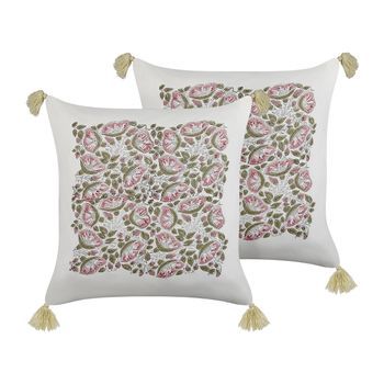 Conjunto De 2 Cojines De Algodón Blanco Rosa Verde 45 X 45 Cm A Mano Carissa