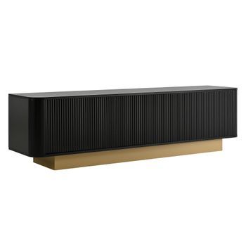 Mueble De Tv Negro De 170 Cm Con Tres Puertas, Frente Texturizado Y Esquinas Redondeadas