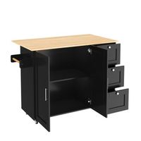 isla de cocina movil con encimera extensible imitacion roble armario doble puerta 3 cajones barra para panos y ruedas frenablesrnegro y natural