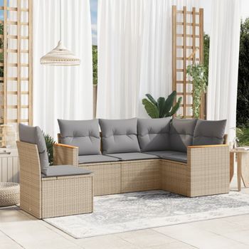 Conjunto De Sofás Jardín Con Cojines Beige Mezcla 5 Uds | Mueble Jardin Mesa Y Sillas Ratán Pe Cfw715051