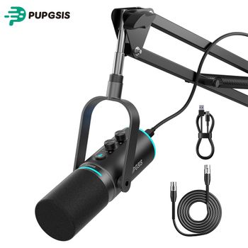 Micrófono para Podcast PUPGSIS XLR/USB, Micrófono para Juegos con Botón de Silencio, Efectos de Reverberación, Cancelación de Ruido, Soporte de Brazo, Conector para Auriculares, Micrófono Dinámico