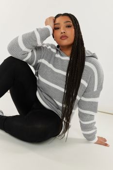 Yours Sudadera Con Capucha Gris De Rayas, Mujer Curvy Y Tallas Grandes, Yours