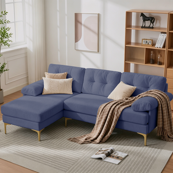 Sofá De Tres Plazas En L - Mueble Para Salón - Madera Y Chenilla - Azul (187.5x130x79cm)