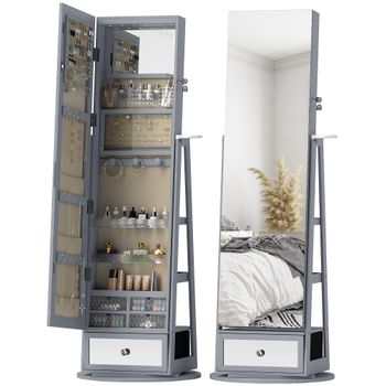 HOMCOM Espejo Joyero con Luces LED Armario Joyero con Espejo Entero Giratorio de 360° Cajón Cerradura Gris Claro