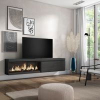 mueble tv efecto madera negro 208x35x45cm chimenea efecto fuego