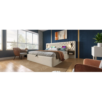 Conjunto De Cama Doble Tapizada Con Almacenamiento Hidráulico, Cabecera Led Usb, 180×200 Cm, Terciopelo Beige, Con 2 Mesas De Noche
