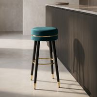 silla de bar redonda de tela azul con patas de madera o cm 35x74