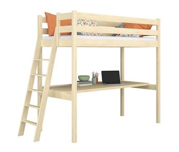 Cama alta de madera con escritorio n02 pino incoloro