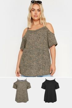 Yours Juego 2 Tops Hombros Descubiertos: Negro Y Leopardo, Mujer Curvy Y Tallas Grandes, Yours