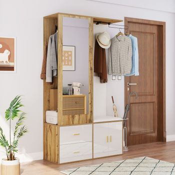 Mueble de entrada con espejo, perchero, banco y almacenaje