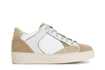 deportivas de mujer en piel y ante con inserciones de efecto metalizado. white camel