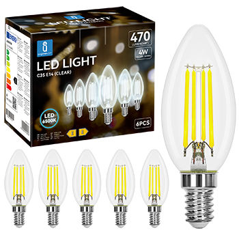 Aigostar Bombilla LED E14 Vela Edison, 4W Equivalente a 40W, Blanco Fria 6500K, 470 Lúmenes, Bombilla LED Vintage Decorativa C35 de Filamento, No Regulable, Cristal Transparente, Pack 6