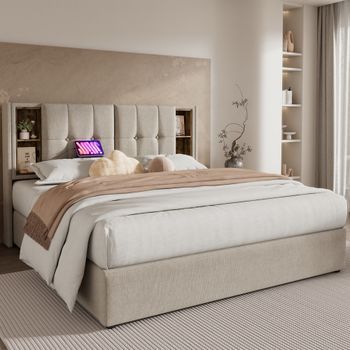 Cama Tapizada Doble 180x200 Cm Lino Natural Usb-c Inalámbrico Somier Láminas Almacenamiento