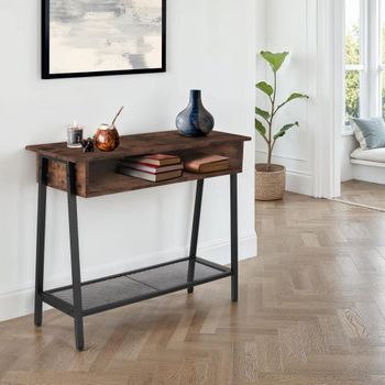 Mesa consola 100x35x80,5cm, madera industrial oscura, rústica