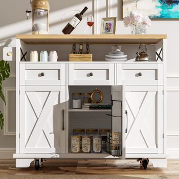 Isla De Cocina - Blanca - Mdf Y Metal - 118x43x98 Cm - Ruedas