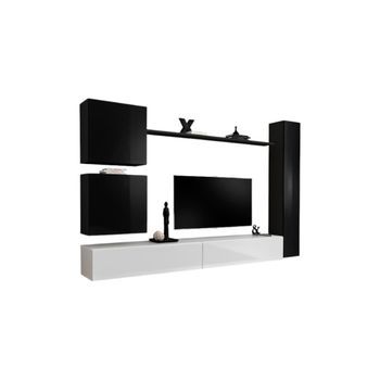 Conjunto De Muebles Para Salón Mural Switch Viii. Mueble De Tv Mural De Diseño, En Colores Blanco Y Negro Brillante.