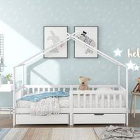 cama cabana infantil de madera maciza con 2 cajones barrera y somier de lamas blanca 200x90 cm