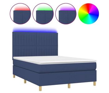 Cama box spring colchón y luces led tela azul 140x200 cm rayas verticales