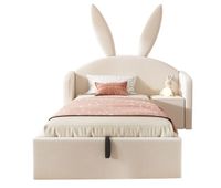 cama juvenil 90x200 cm - con canape hidraulico mesita y diseno orejas de conejo tapizado en terciopelo - beige