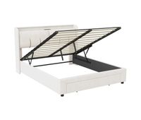 cama con canape abatible 160x200 cm terciopelo led 2 usb 2 enchufes europeos y 1 cajon beige claro