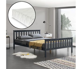 Cama doble hellnar de pino - con listones, colchón y reposacabezas 180 x 200 cm - gris oscuro [en.casa]