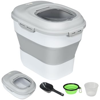 PawHut Contenedor de Comida para Perros 25L con Ruedas Taza Medidora Cuenco Plegable y Cuchara Gris   Aosom España