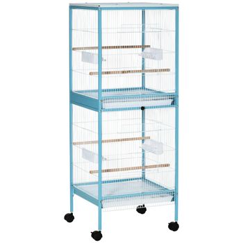 PawHut Jaula para Pájaros de 2 Niveles con Ruedas Bandejas Extraíbles Puertas Comederos Perchas 51,5x50x140 cm Azul