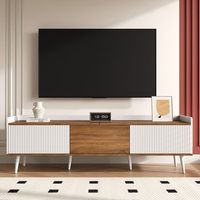 sweiko mueble para tv de 160x39x495 cm con tres puertas construccion compacta acabado en blanco y madera natural