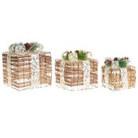 conjunto de 3 decoraciones regalos de navidad con luces led blancas calidas con lazos para interior marron tisso