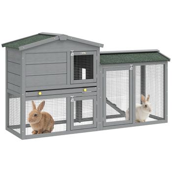 PawHut Conejera de Madera de 2 Niveles con Techo Asfáltico Bandeja Extraíble y Escalera para Exterior 150x45x85 cm Gris