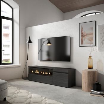Mueble tv efecto madera negro 150x35x45cm chimenea efecto fuego