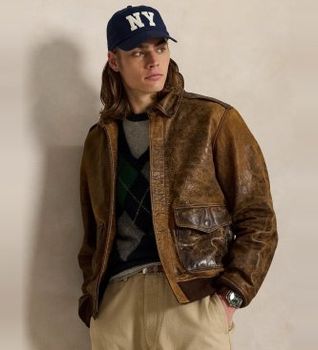 Polo Ralph Lauren para hombre. 710970574001 Chaqueta de Piel de aviador marrón (S), Casual