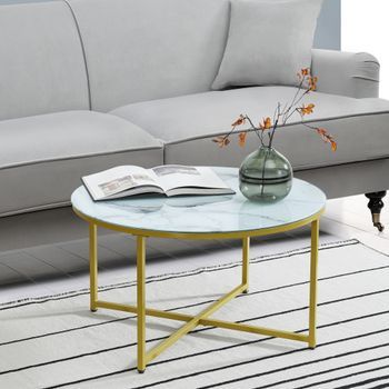 Mesa De Centro Uppvidinge Cristal/acero 45 X Ø 80 Cm Aspecto De Mármol Blanco [en.casa]